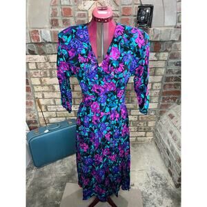 dress fit and flare floral pink purple teal